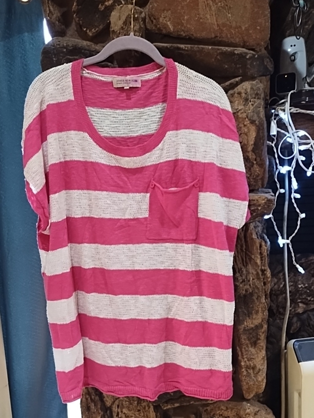 Jones New York Pink and White Striped Short Sleeve Pocket Top